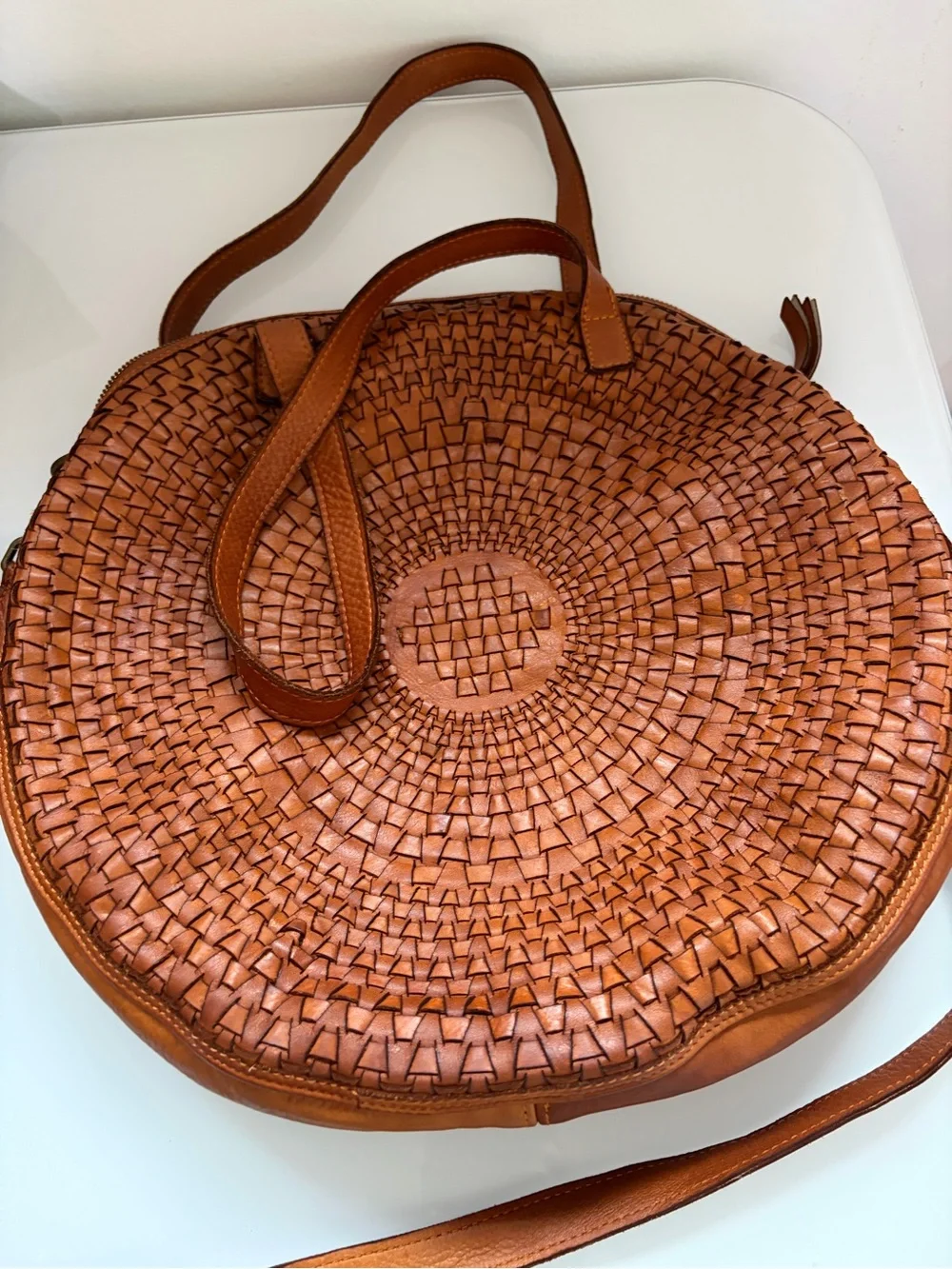 Sundance Woven Round Tote Leather with shoulder Handles Crossbody Cognac Brown